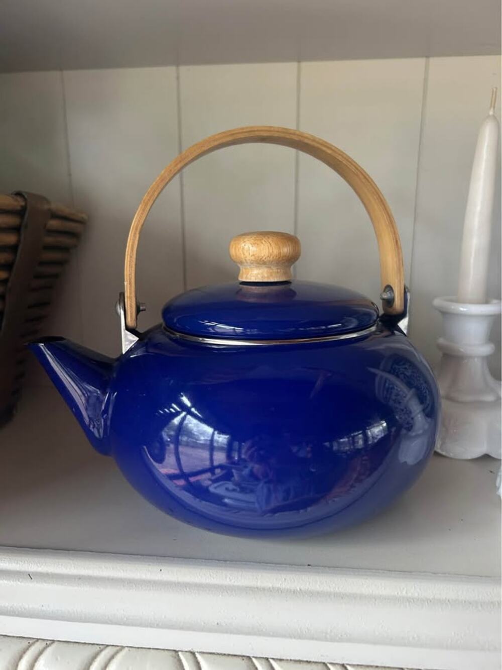Vintage Cobalt Blue Enamel Teapot with Wood Handle
